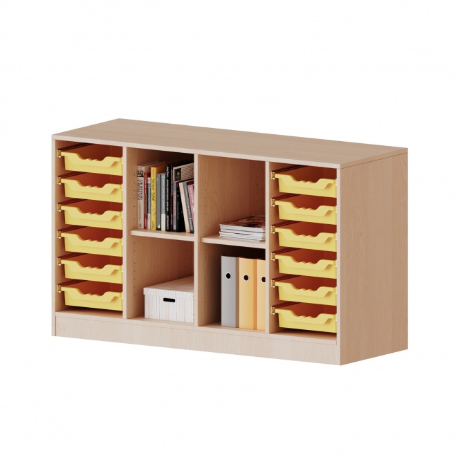 ErgoTray Regal, 4reihig, rechts+links je 6 flache Boxen, tig 4 offene Fächer, B/H/T 138,7x82x40cm 